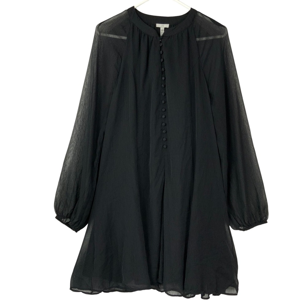 Joie Black Shift Dress Medium Button Band Collar Long Sleeve Sheer Detail